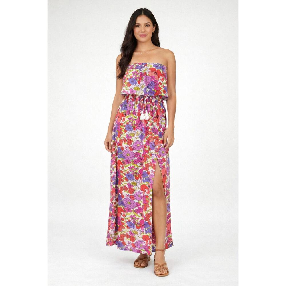 Japna Womens Floral Strapless Maxi Dress Front Slit Size Medium NWT Pink Tassel